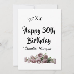 Convites Feliz aniversário de 30 anos rosa branco floral no