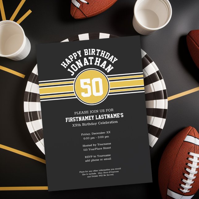 Convites Feliz Aniversário de Esportes com Dourado de Idade (Birthday Party Invitation - Sports Theme - Football Party Invitation)