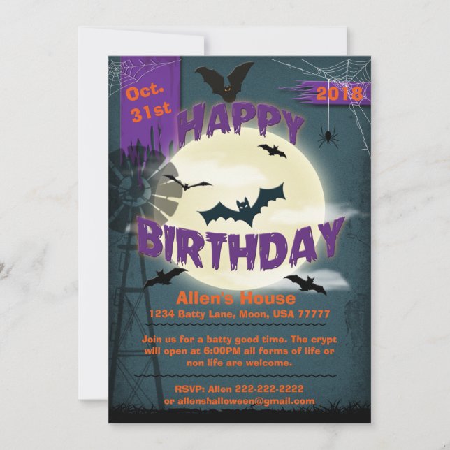 Convites Feliz aniversário de Halloween Baty Moonlight Part (Frente)
