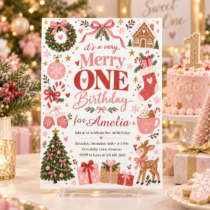 Convites Feliz ANIVERSÁRIO de Um Ano Menina Rosa Natal