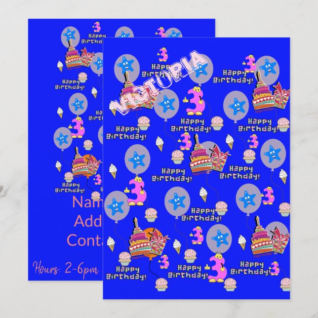 Convites Feliz Aniversário do aniversário de 3 anos Convida (Frente/Verso)