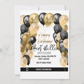 Convites Feliz aniversário Modelo Negro Dourado - Transpare