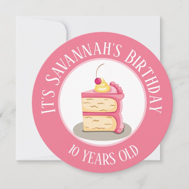 Convites Feliz Aniversário, Pedaço de Círculo Rosa Bolo (Frente)