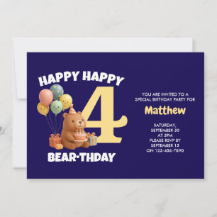 Convites FELIZ ANIVERSÁRIO Urso de Pelúcia 4º Aniversário