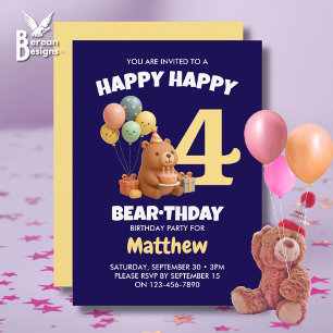 Convites FELIZ ANIVERSÁRIO Urso de Pelúcia Fofo 4º Aniversá