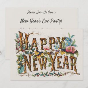 Convites Feliz Ano Novo em Troncos de Árvores, Bolotas e Fl