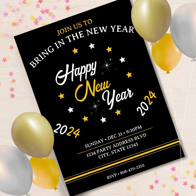 Convites Feliz ano novo preto branco e Dourado estrela 2024 (Black White & Gold Star Happy New Year 2024 Invitation)
