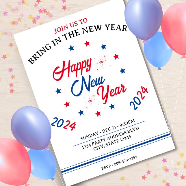 Convites Feliz ano novo Red White e Blue Star 2024 (Red White & Blue Star Happy New Year 2024 Invitation)