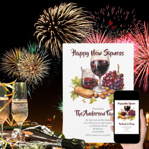 Convites Feliz Ano Novo Sipness Aquarela Queijo e Vinho Des