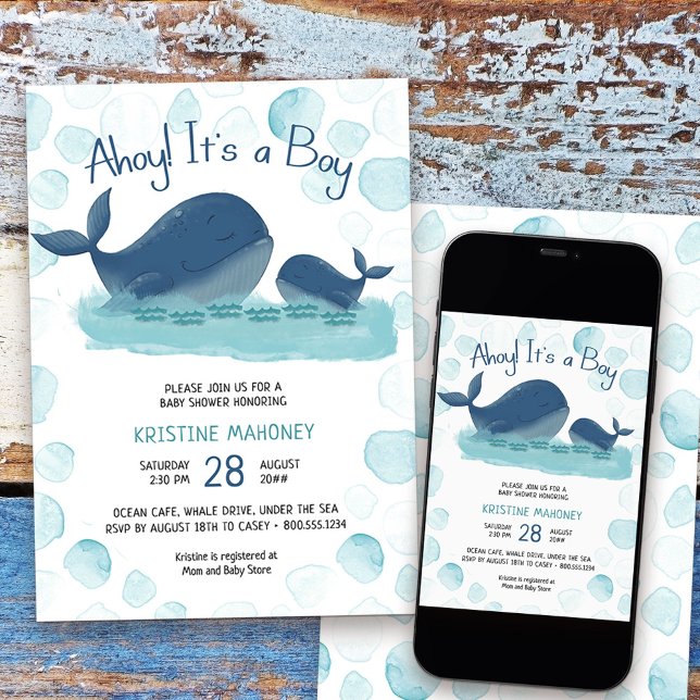 Convites Feliz Aquarela de Baleia É um Chá de fraldas (Boy Baby Shower Invitation from my Happy Whale collection. Message if you need different items.
)