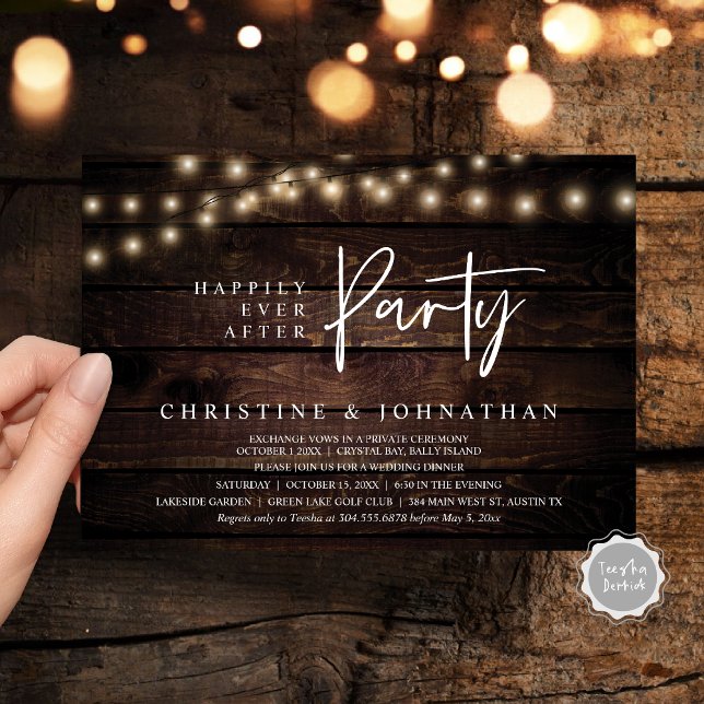 Convites Feliz Atrás da Festa, Luzes de Cordas Elopeam (Happily Ever After party, String Lights Brown dark wood, Wedding Elopement Invitation Cards)