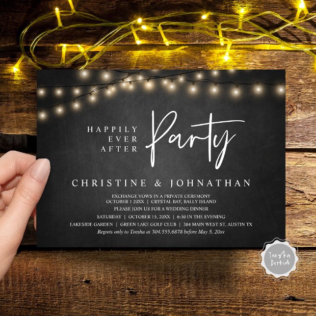 Convites Feliz Atrás da Festa, Luzes de Cordas Elopeam (Happily Ever After party, String Lights Cottage Chalkboard, Wedding Elopement Invitation Cards)