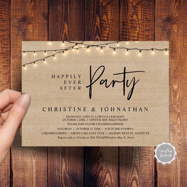 Convites Feliz Atrás da Festa, Luzes de Cordas Elopeam (Happily Ever After party, String Lights Brown Rustic Wood, Wedding Elopement Invitation Cards)