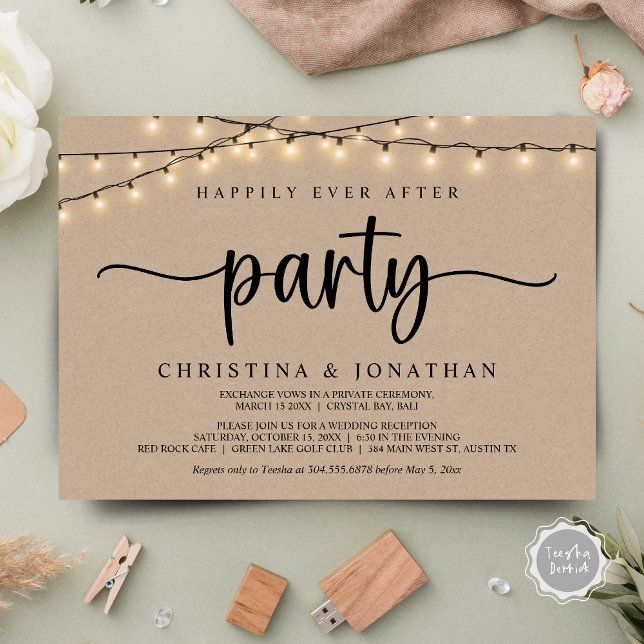 Convites Feliz Atrás da Festa, Luzes de Cordas Elopeam (Happily Ever After party , Wedding Elopement Invitation Card, in Rustic String Lights Brown Kraft.)