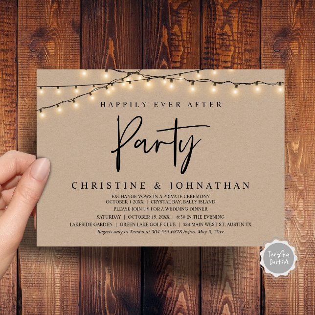 Convites Feliz Atrás da Festa, Luzes de Cordas Elopeam (Happily Ever After party, String Lights Brown Kraft, Wedding Elopement Invitation Cards)