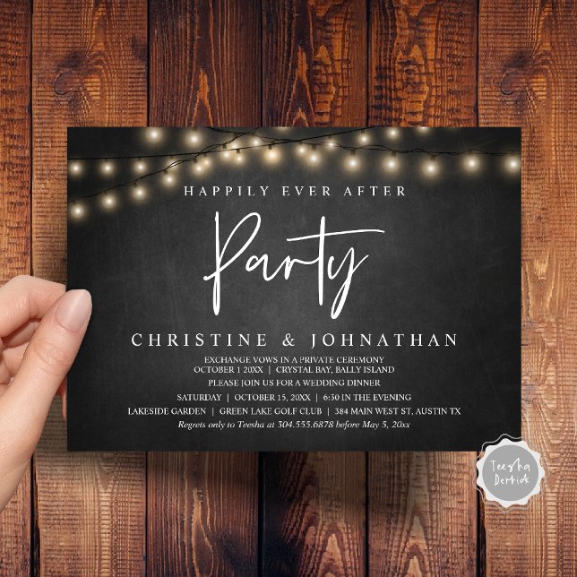 Convites Feliz Atrás da Festa, Luzes de Cordas Elopeam (Happily Ever After party, String Lights chalkboard background, Wedding Elopement Invitation Cards)
