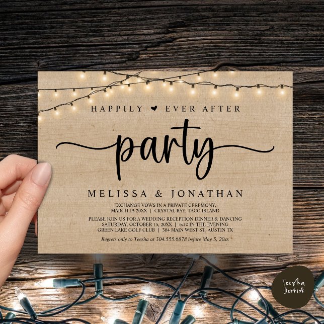 Convites Feliz Atrás da Festa, Luzes de Cordas Elopeam (Happily Ever After Party, Cottage String Lights Elopement Invitation Card, PDF, Brown Wood)