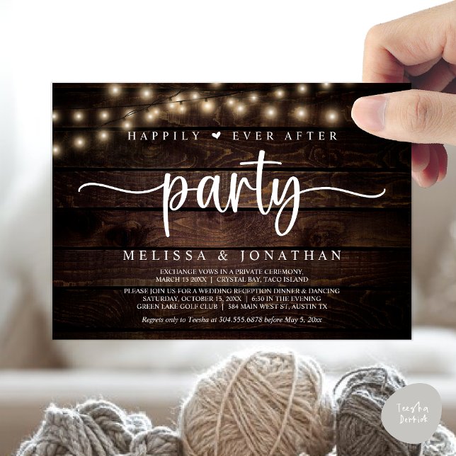 Convites Feliz Atrás da Festa, Luzes de Cordas Elopeam (Happily Ever After Party, Cottage String Lights Elopement Invitation Card, PDF, Brown Wood)
