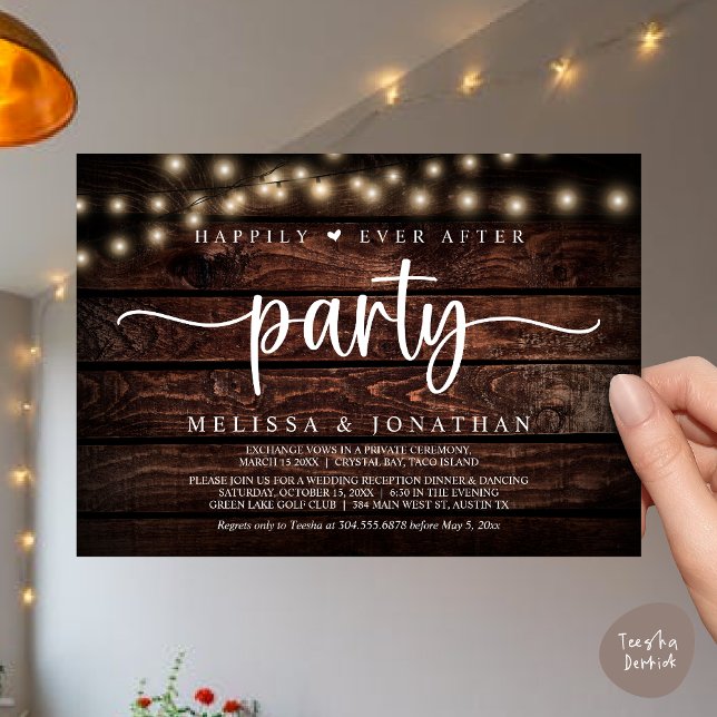 Convites Feliz Atrás da Festa, Luzes de Cordas Elopeam (Happily Ever After Party, Cottage String Lights Elopement Invitation Card, PDF, Brown Wood)