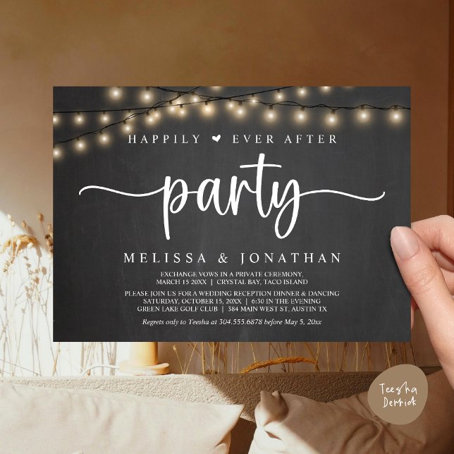 Convites Feliz Atrás da Festa, Luzes de Cordas Elopeam (Happily Ever After Party, Cottage String Lights Elopement Invitation Card, PDF, Rustic Chalkboard)