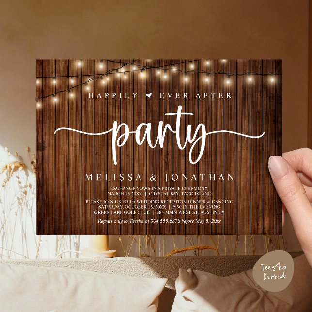 Convites Feliz Atrás da Festa, Luzes de Cordas Elopeam (Happily Ever After Party, Cottage String Lights Elopement Invitation Card, PDF, Brown Wood)