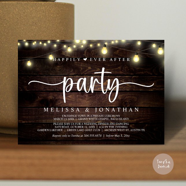 Convites Feliz Atrás da Festa, Luzes de Cordas Elopeam (Happily Ever After Party, Elopement Dinner Dancing, String Lights Invitation Card, PDF, Brown Wood)