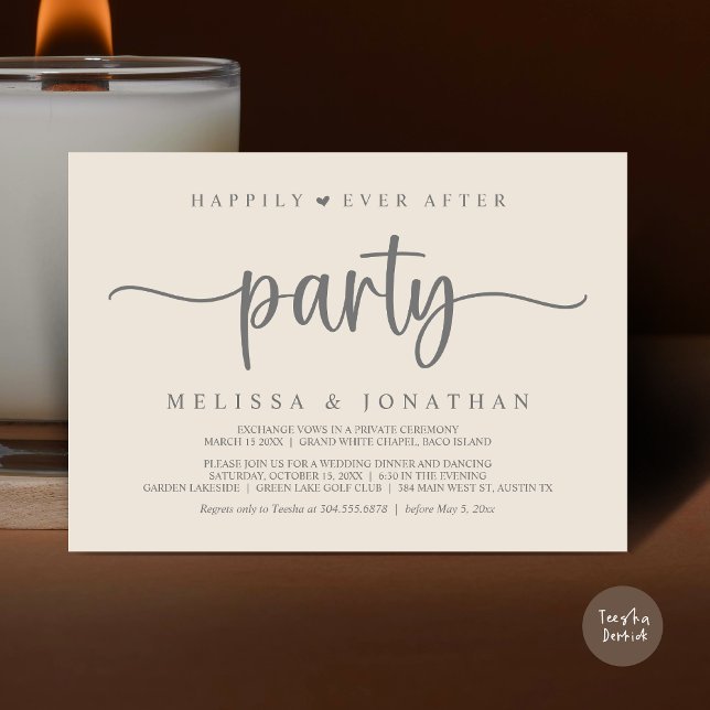 Convites Feliz Atrás da Festa, Luzes de Cordas Elopeam (Happily Ever After Party, Elopement Dinner Dancing, Rustic Cottage Invitation Card, PDF, Cream Grey)
