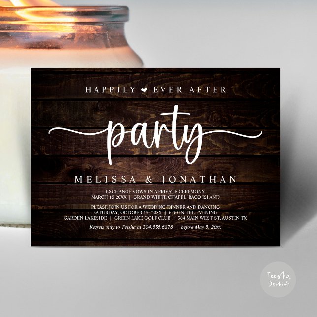 Convites Feliz Atrás da Festa, Luzes de Cordas Elopeam (Happily Ever After Party, Elopement Dinner Dancing, Rustic Cottage Invitation Card, PDF Brown Wood)
