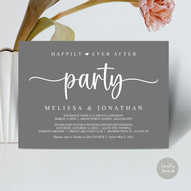 Convites Feliz Atrás da Festa, Luzes de Cordas Elopeam (Happily Ever After Party, Elopement Dinner Dancing, Rustic Cottage Invitation Card, PDF, Dark Grey)