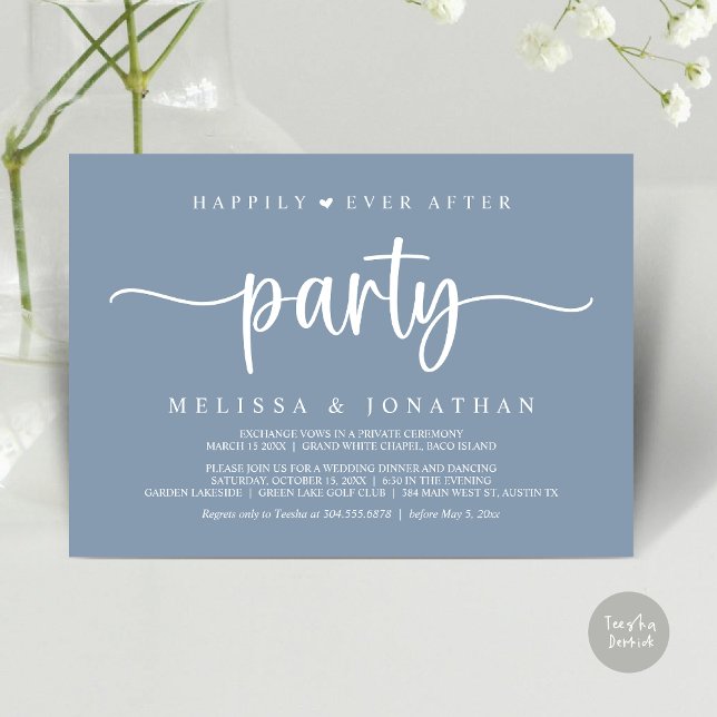 Convites Feliz Atrás da Festa, Luzes de Cordas Elopeam (Happily Ever After Party, Elopement Dinner Dancing, Rustic Cottage Invitation Card, PDF, Dusty Blue)