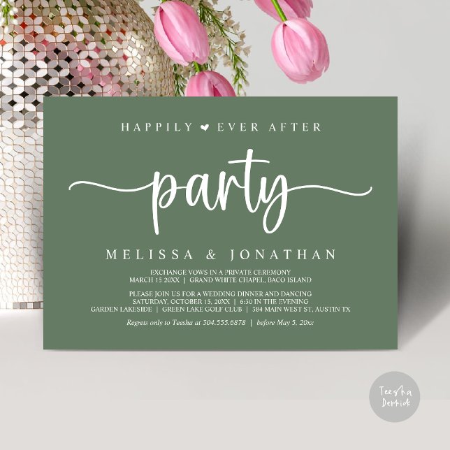 Convites Feliz Atrás da Festa, Luzes de Cordas Elopeam (Happily Ever After Party, Elopement Dinner Dancing, Rustic Cottage Invitation Card PDF Greenery Sage)