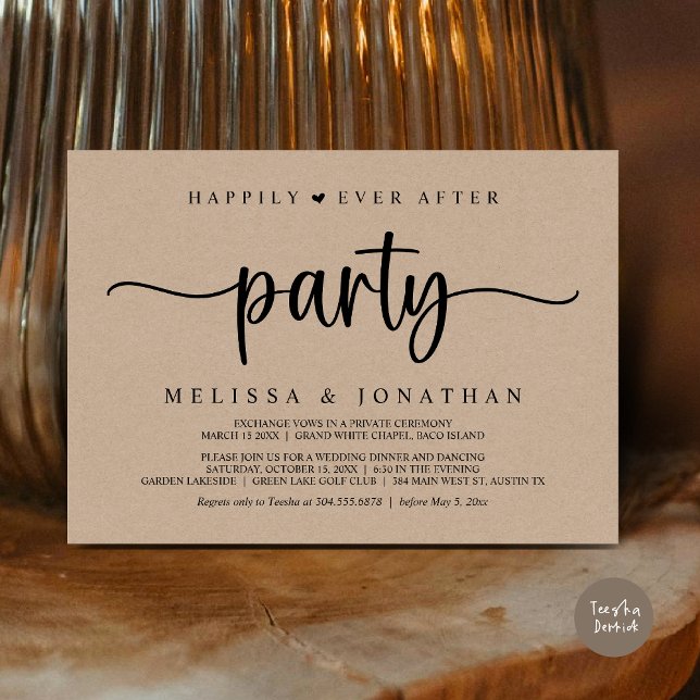 Convites Feliz Atrás da Festa, Luzes de Cordas Elopeam (Happily Ever After Party, Elopement Dinner Dancing, Rustic Cottage Invitation Card, PDF, Brown Kraft)