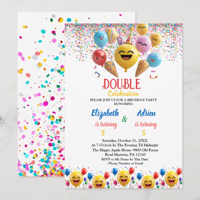 Convites Feliz Balão Colorido Crianças Duplo Aniversário (Frente/Verso)