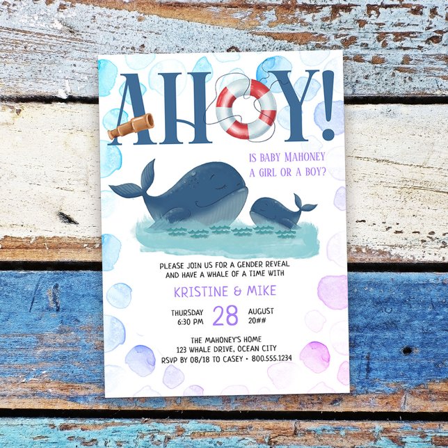 Convites Feliz Baleia Ahoy É uma Revolução de Menina ou Men (Nautical Gender Reveal Invitation from my Happy Whale collection Message if you need different items)