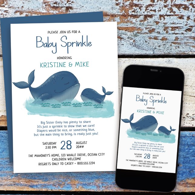Convites Feliz Baleia Aquarela Menino Bebê Sprinkle (Baby Sprinkle Invitation from my Happy Whale collection. Message if you need different items
)