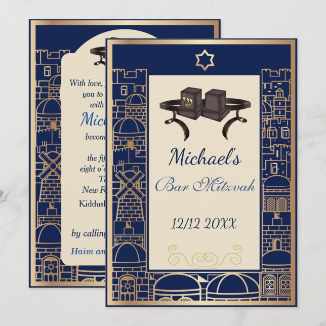 Convites Feliz Bar Mitzvah Jerusalém Kotel Tefilin Ouro (Frente/Verso)