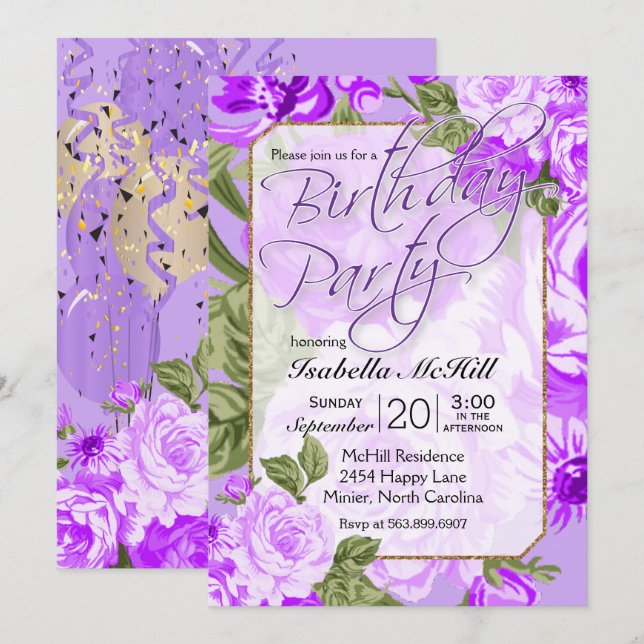Convites Feliz BIrthday - Design Floral Roxo Lavanda (Frente/Verso)