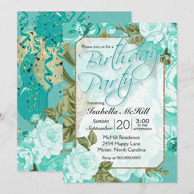 Convites Feliz BIrthday - Teal Floral Design (Frente/Verso)