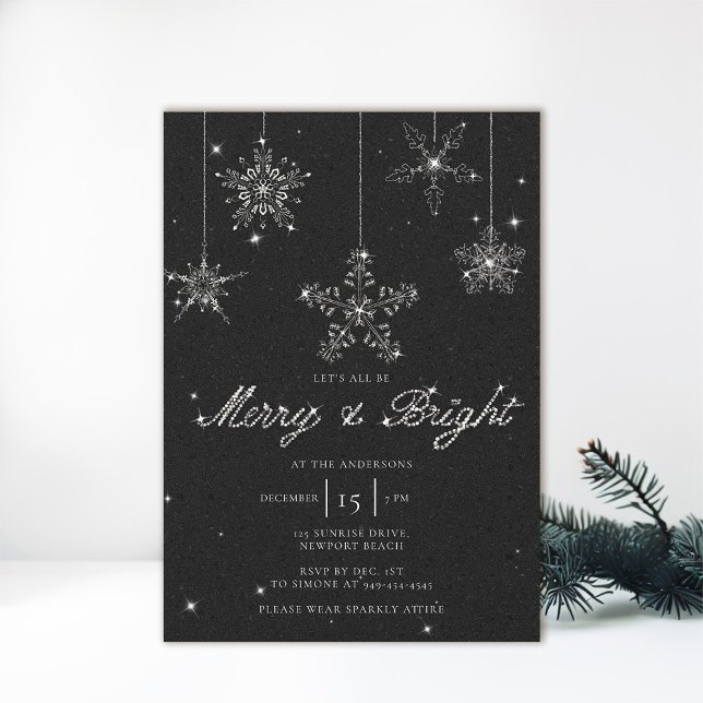 Convites Feliz Brilhante Branco Brilhante Natal Elegante (black white christmas party invitation sparkles glitter snowflakes merry bright elegant modern)