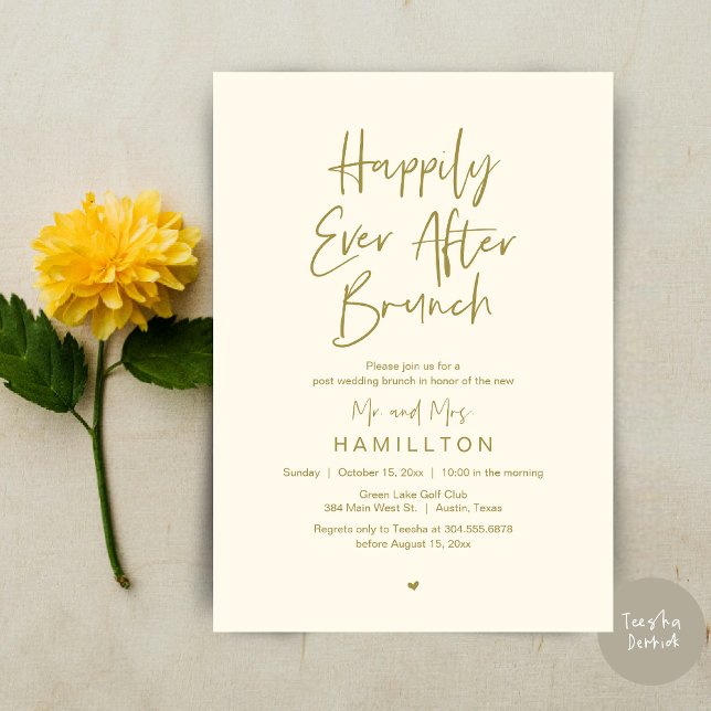 Convites Feliz Brunch Para Sempre, Festa de Casamento Intim (Happily Ever After Brunch The Morning After Invitation Card PDF Newlyweds in Aesthetic Yellow Gold)