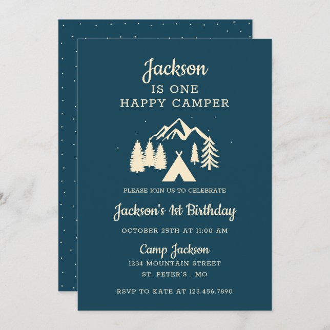 Convites Feliz Camper Camper Camping Birthday (Frente/Verso)