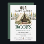 Convites Feliz Camper Kids 4º aniversário<br><div class="desc">Divertido e neutro,  a festa dos aniversários de acampar. Disponível como um download digital imprimível. Excelente para qualquer estação. Vamos construa algo divertido para o seu pequeno aniversário! Personalizado,  personalizado,  editável e eletrônico para download de tenda de aquarela,  árvores,  floresta,  bússola,  aventura começa,  feliz camper</div>