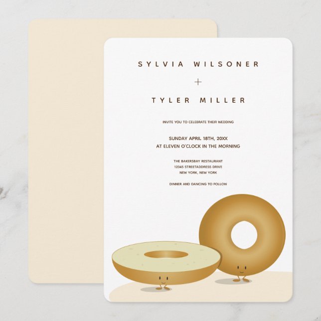 Convites Feliz Casamento de Bagel White Brown Cream Vertica (Frente/Verso)