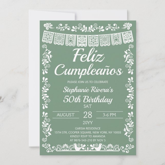 Convites Feliz Cumpleaños de 50 anos em Sage Green (Frente)