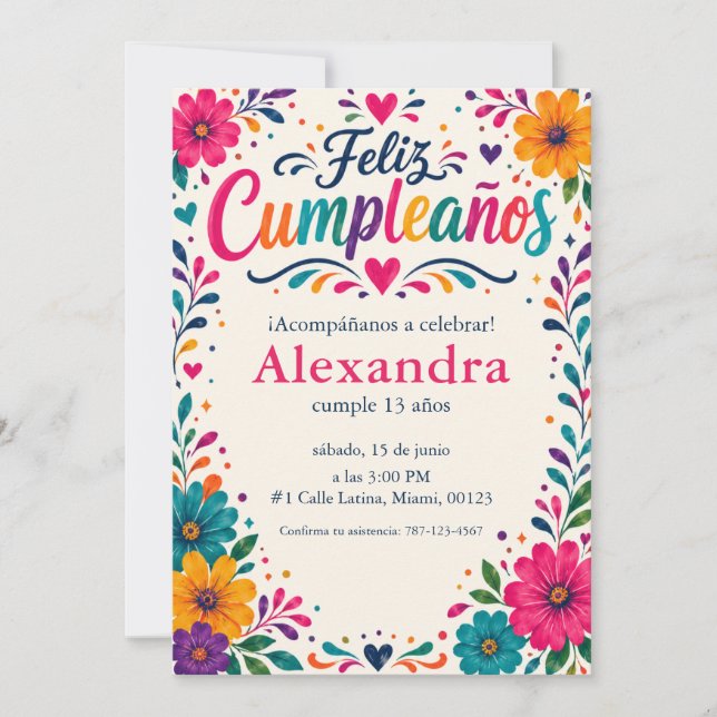 Convites Feliz Cumpleaños Floral Fiesta Personalizado Espan (Frente)