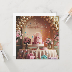 Convites “Feliz Cumpleaños” Rosa Elegante e Dourado de Aniv