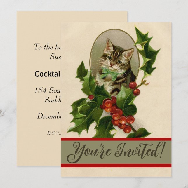 Convites Feliz de Natal Holly Kitten Arte Antiquada (Frente/Verso)
