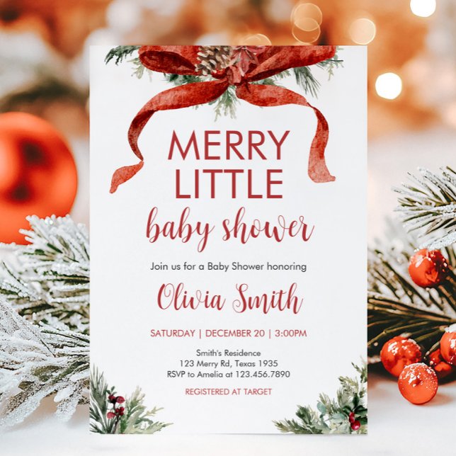 Convites Feliz de Natal Pequeno Chá de fraldas (Red Bow Merry Little Christmas Baby Shower Invitation)