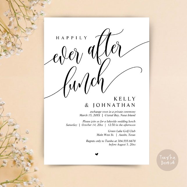 Convites Feliz Dia Após Almoço De Casamento, Branco Negro (Happily Ever After Lunch Invitation Card, PDF, Post Wedding Celebration, in Black and White)