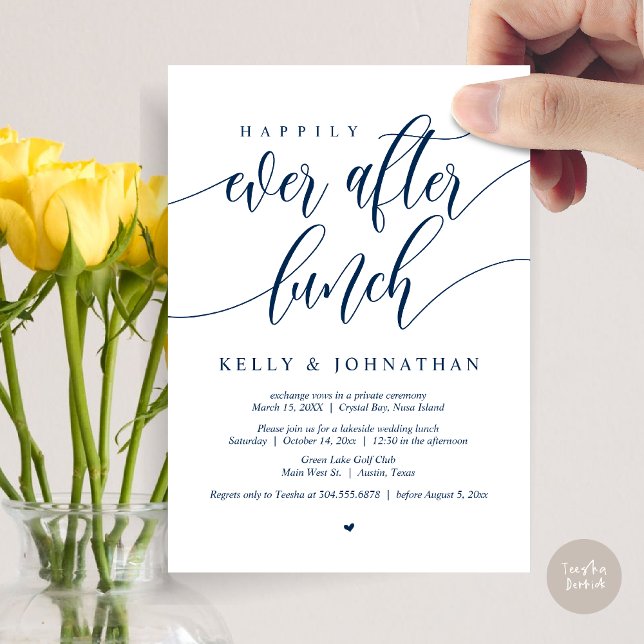 Convites Feliz Dia Após Almoço De Casamento, Marinho Azul (Happily Ever After Wedding Lunch Invitation Card, PDF, Modern Calligraphy, in Navy Blue)